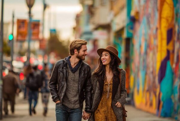 A smiling couple strolls hand-in-hand through a colorful urban street, embodying joy and connection inspired by tantra practices.