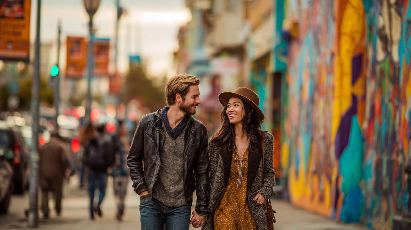 A smiling couple strolls hand-in-hand through a colorful urban street, embodying joy and connection inspired by tantra practices.