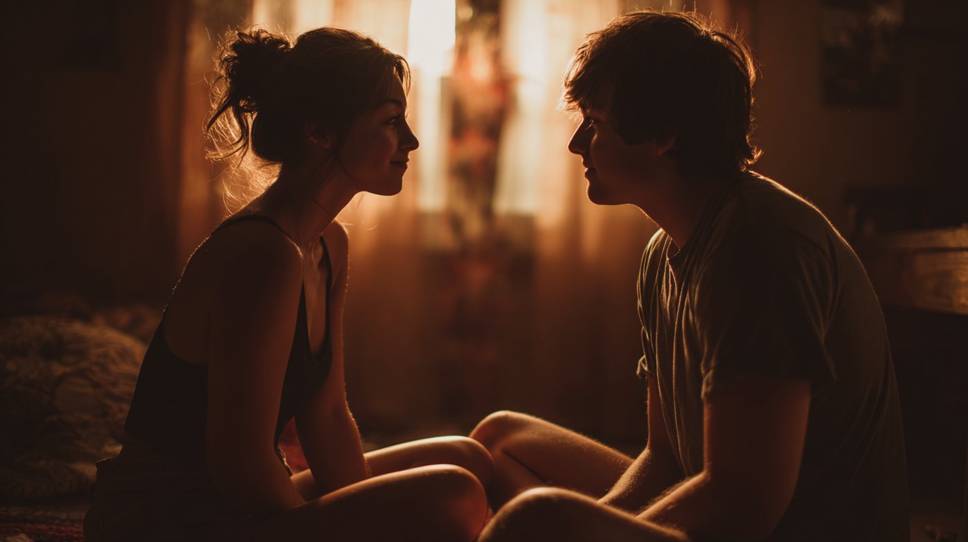 A couple sits cross-legged in warm evening light, deeply gazing at each other—an intimate moment reflecting tantra practices.