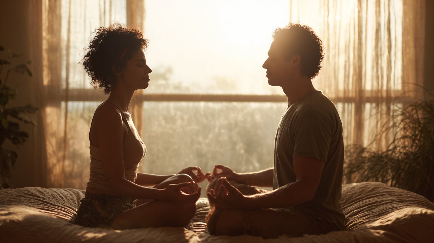 A couple sits in a cross-legged meditation pose facing each other in soft, golden morning light, evoking deep connection and presence—what is tantra sex explores this kind of mindful intimacy.