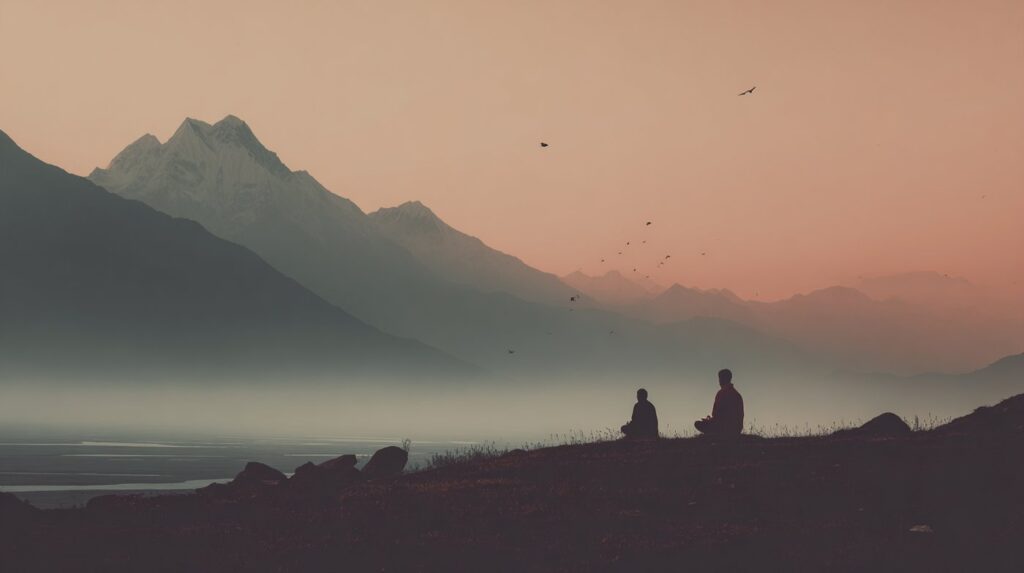 Two people meditate at sunrise in front of snow-capped mountains, reflecting the Secrets of Tantric Energy in stillness and nature.