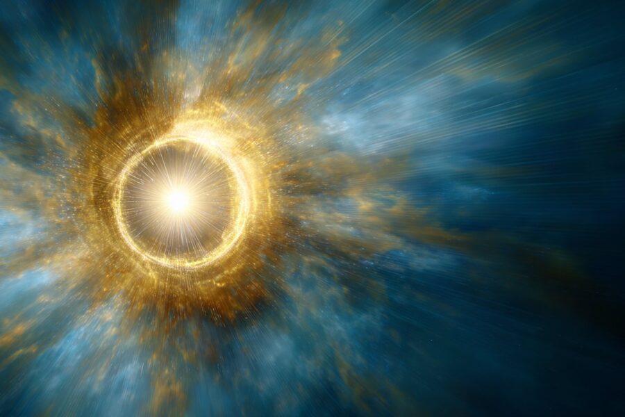 A radiant burst of golden cosmic light symbolizing energy and awareness, reflecting the contrast of prana vs tantra.