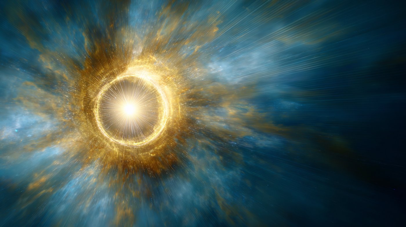 A radiant burst of golden cosmic light symbolizing energy and awareness, reflecting the contrast of prana vs tantra.