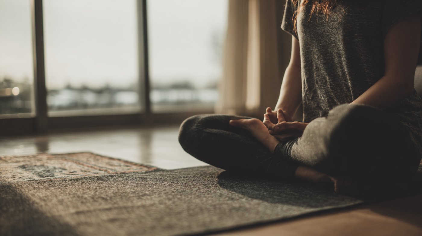 Person meditating cross-legged on a yoga mat in a serene room, embodying the quiet balance of prana vs tantra.