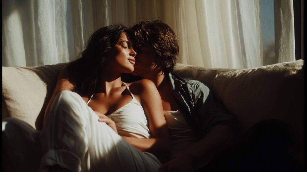 A couple sharing a quiet, intimate moment on a sunlit couch, exploring connection through tantra eye gazing.