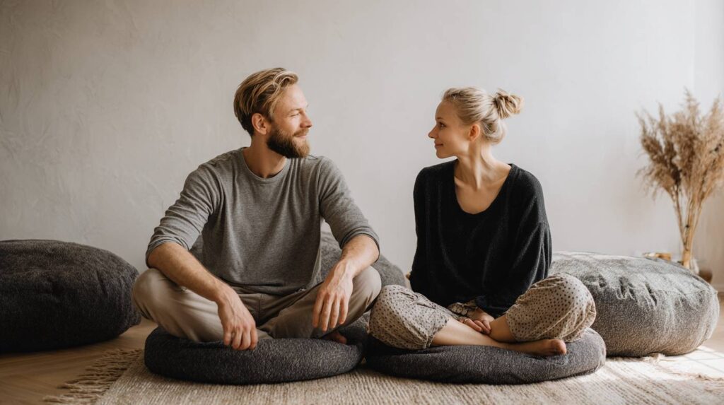 Two people sitting cross-legged, maintaining gentle eye contact in a peaceful room, practicing tantra eye gazing.