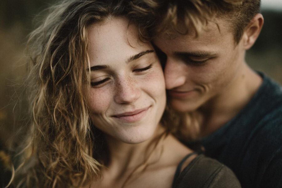 A tender close-up of a young couple embracing, expressing intimacy and warmth, symbolizing what is sexual energy.