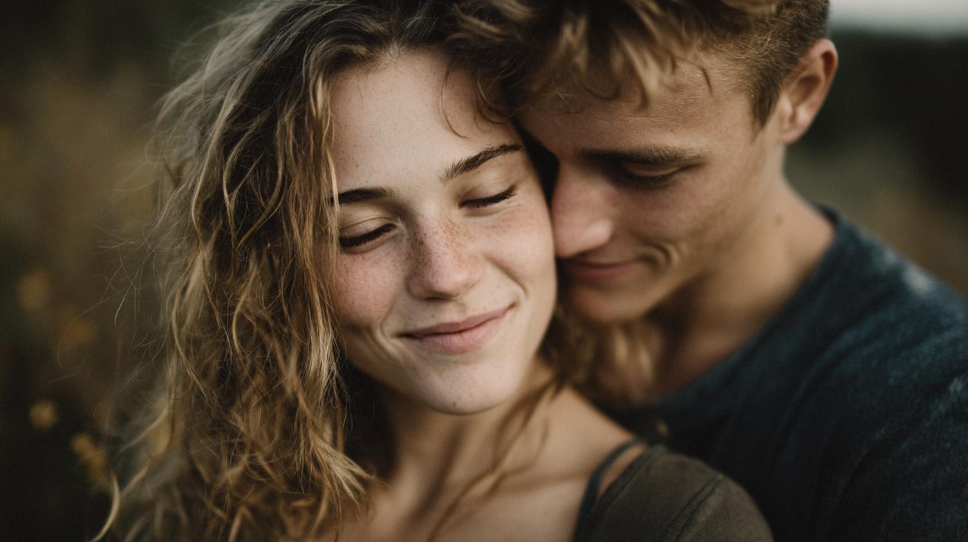 A tender close-up of a young couple embracing, expressing intimacy and warmth, symbolizing what is sexual energy.