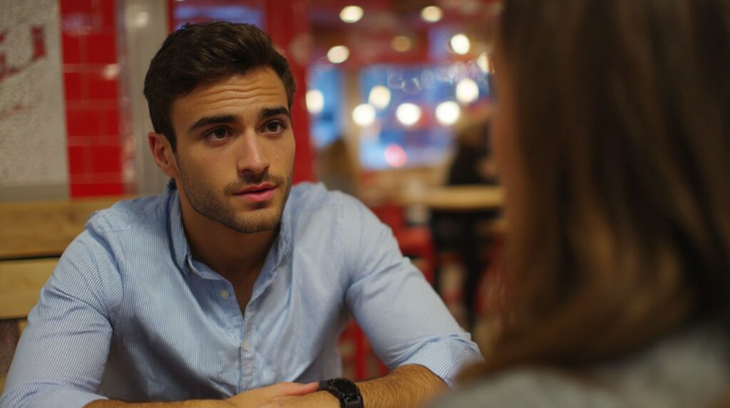 Man listening attentively during a deep conversation at a café, capturing the thoughtful tone of slow dating in San Francisco.