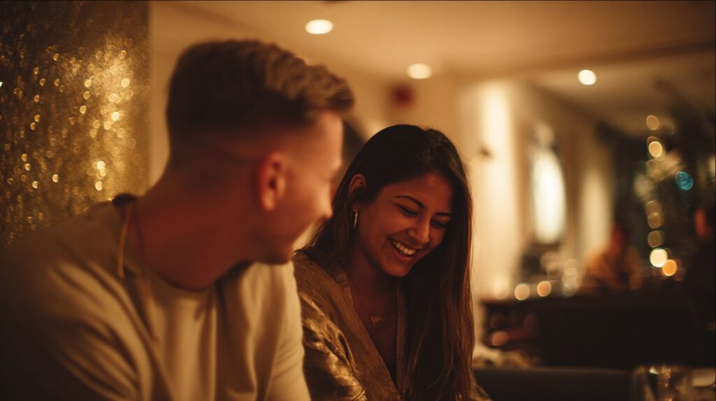 Couple sharing a warm laugh over dinner lights, embodying the relaxed, intimate feel of slow dating in San Francisco.