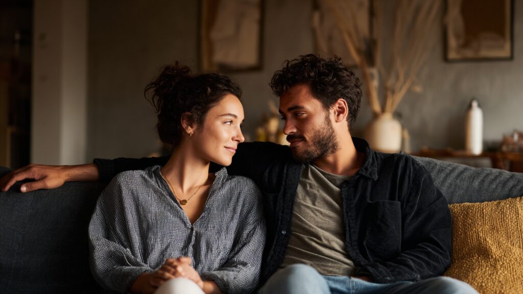 A couple sitting close together on a couch, sharing relaxed eye contact and emotional connection, representing Modern Tantra and embodied intimacy.