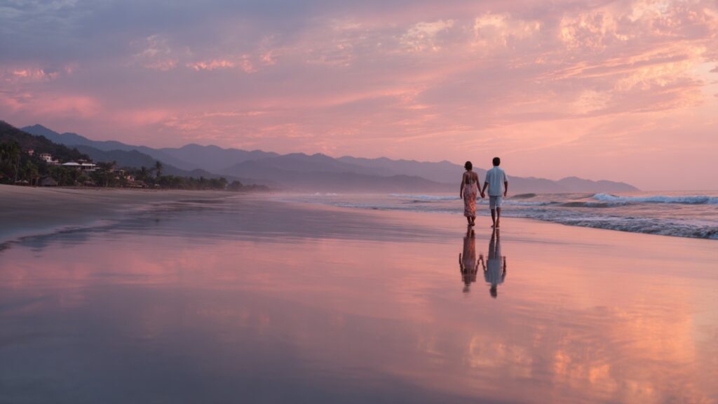 People walking along the beach holding hands after a session at a tantra retreat