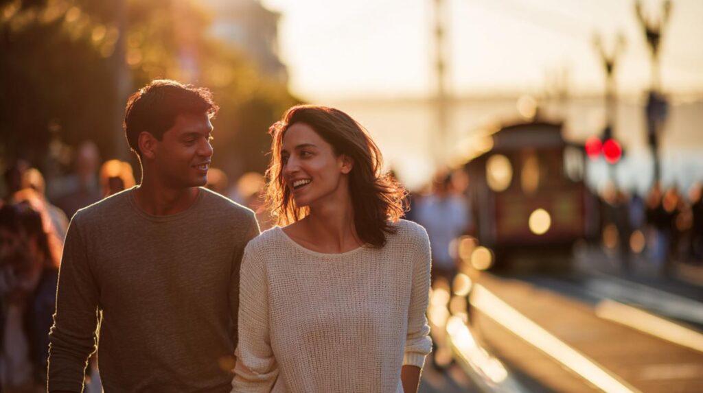 A couple walking together at golden hour, showing warmth and connection that reflects tantra for a disconnected relationship.