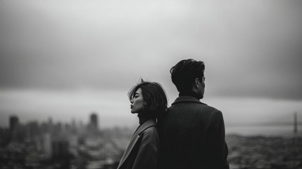 A couple standing back to back overlooking a city, illustrating emotional distance often addressed through tantra for a disconnected relationship.