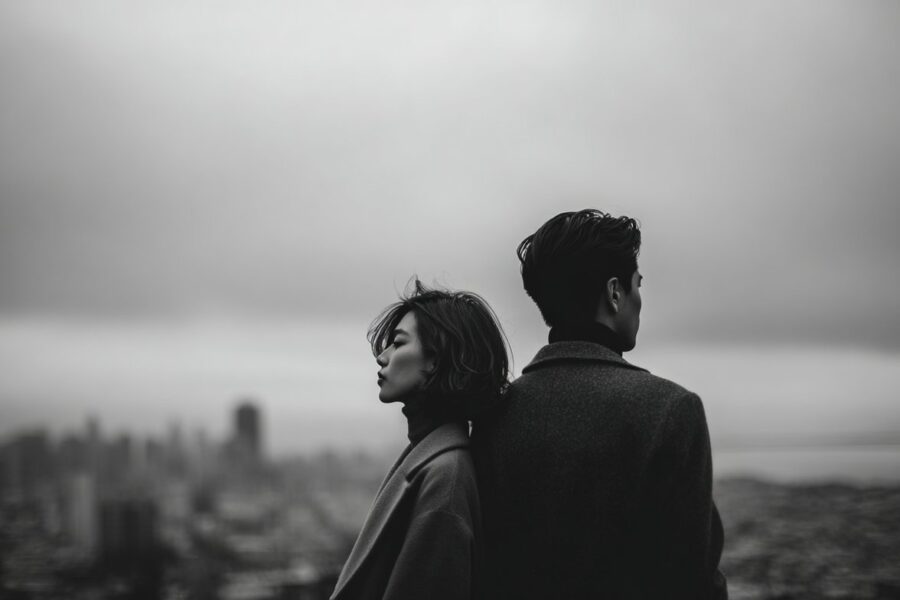 A couple standing back to back overlooking a city, illustrating emotional distance often addressed through tantra for a disconnected relationship.