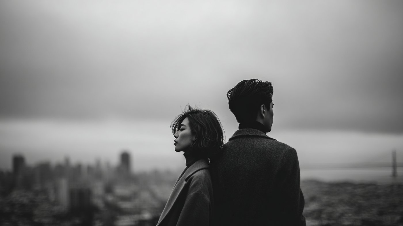 A couple standing back to back overlooking a city, illustrating emotional distance often addressed through tantra for a disconnected relationship.