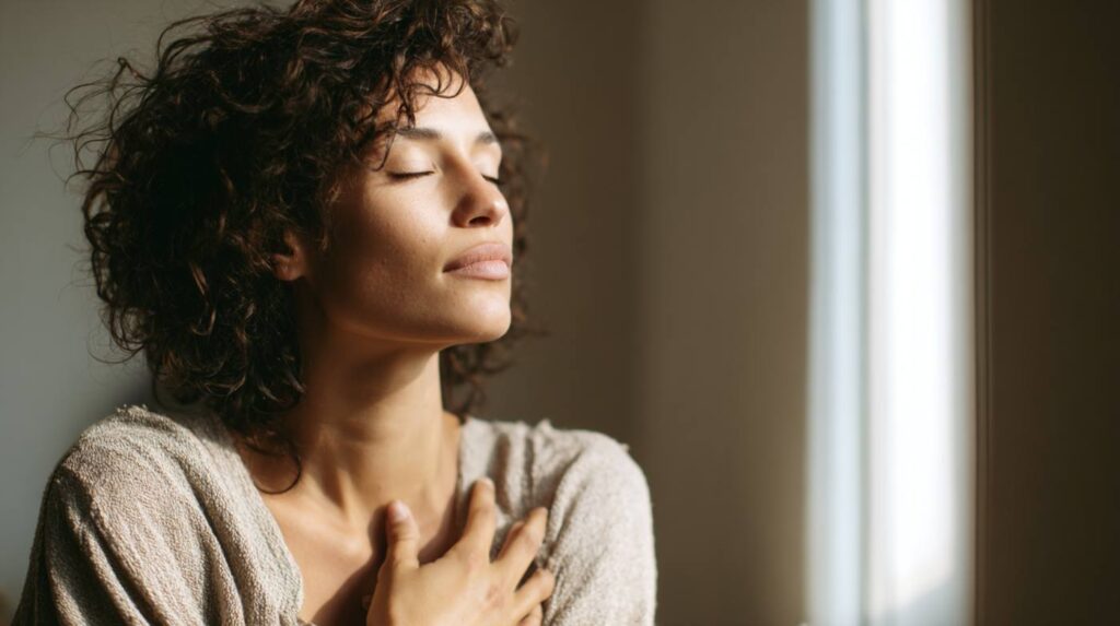 A woman stands in soft natural light with her eyes closed and hand on her chest, representing the introspective practice of tantra for singles.