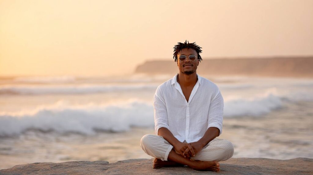 A man sits peacefully cross-legged on a beach at sunset, embodying calm presence and the reflective journey of tantra for singles.